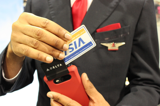 Delta can accept credit card payments using a smartphone attachment during flights.