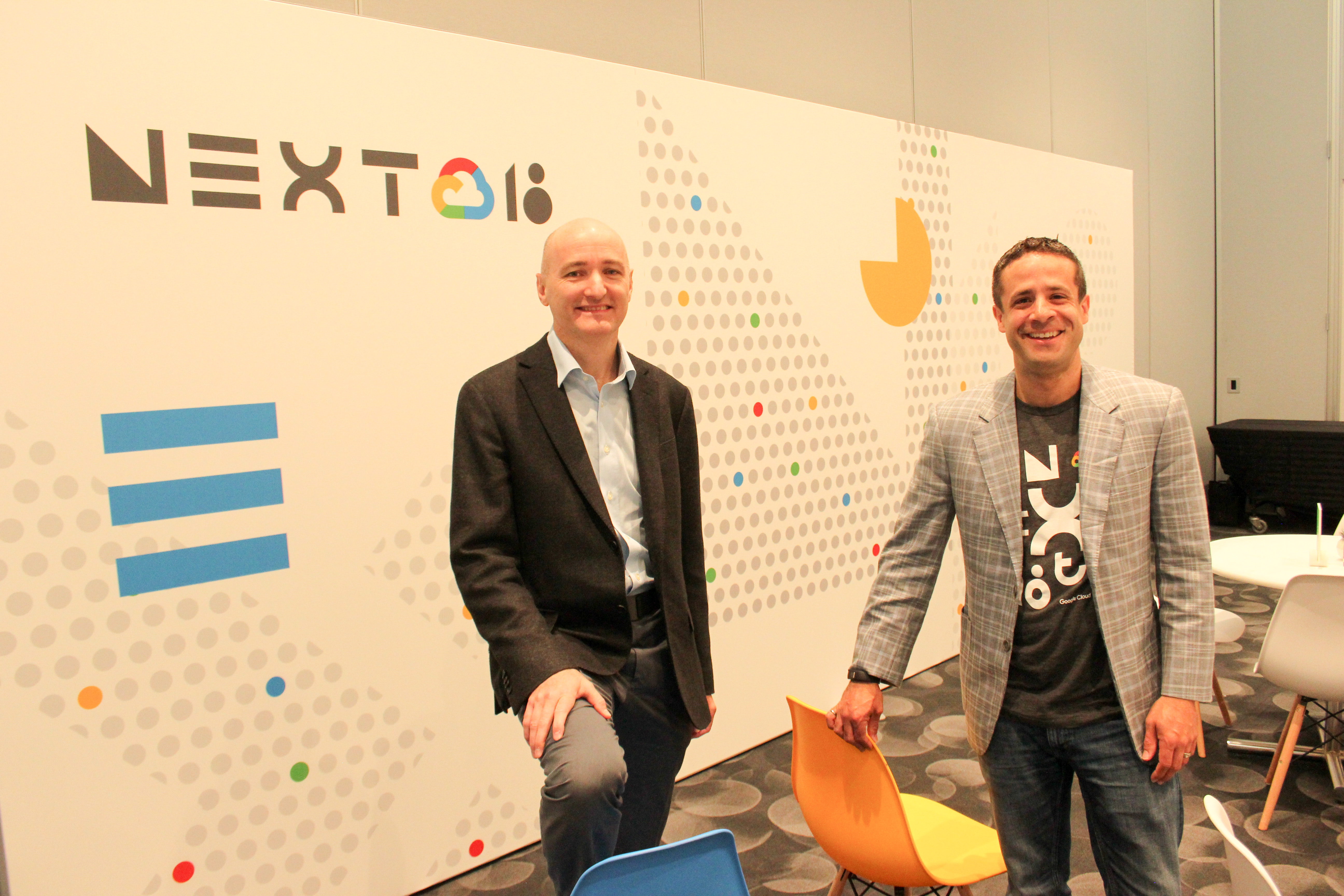 Neil Cawse (left), CEO of Geotab poses with his vice-president of data and analytics Mike Branch at Google Next in San Francisco.