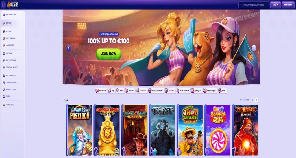 Spinbara online casino homepage featuring animated cheerleaders and camel mascot in stadium setting, promoting 100% first deposit bonus up to €100. Sidebar menu includes Casino, Live Casino, Sports, Jackpots, and VIP Levels. Game thumbnails showcase top slots like Waves of Poseidon, Book of Ra Deluxe, and Sweet Bonanza Super Scatter.
